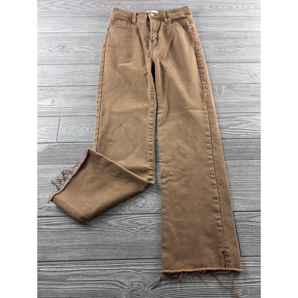 Risen Jeans Brown High Rise Wide Leg Raw Hem Denim RDP5507 Size 7/28